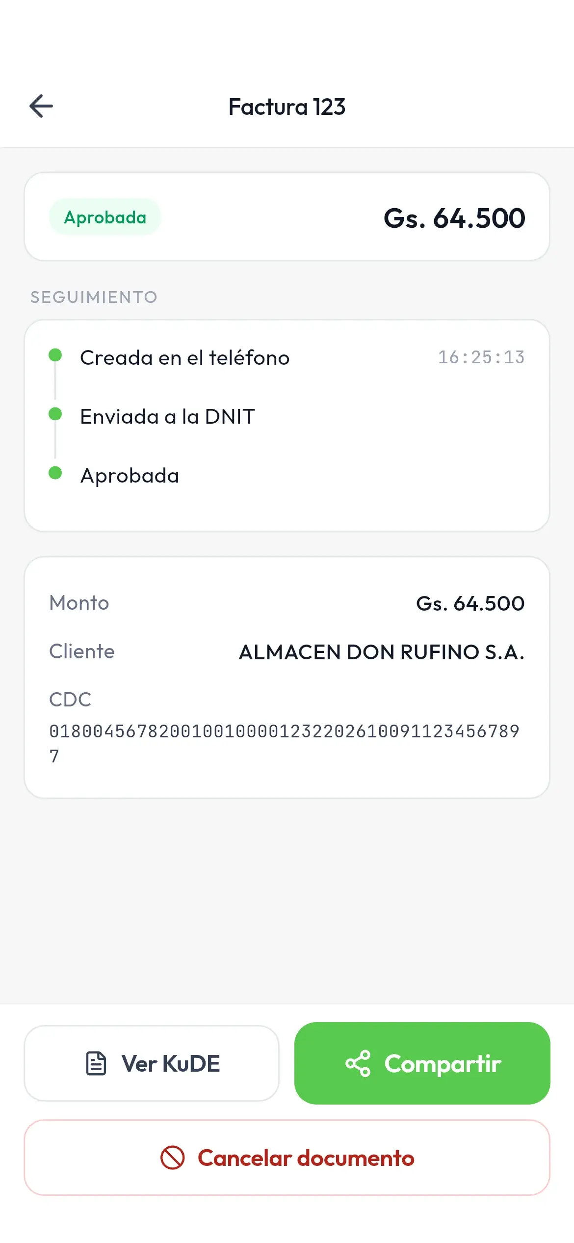 App móvil de Sifende: factura aprobada con los botones Ver KuDE y Compartir