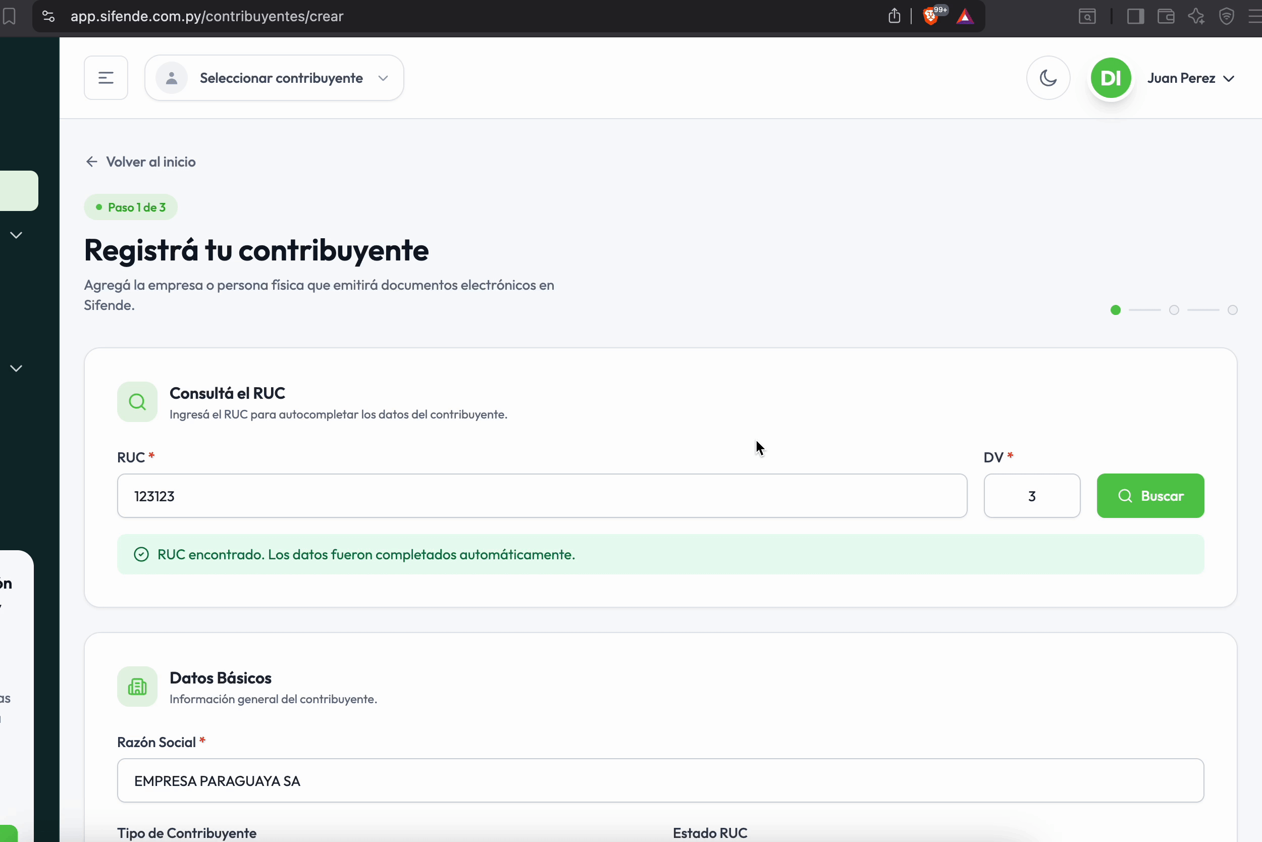 Rellenar información del contribuyente